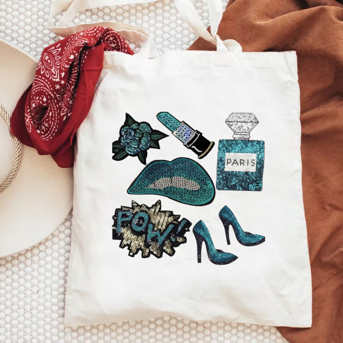 Heat Transfer Patch Teal Sequin Lips Perfume Heels Comic Pow Graphic for T Shirts Hoodies and Tote Bags - 6