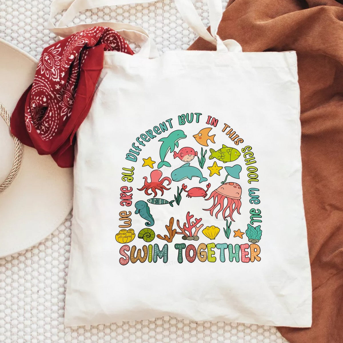 DTF Transfer We Are All Different But In This School We All Swim Together Cute Sea Animals Graphic for T Shirts Hoodies and Teacher Apparel - 6
