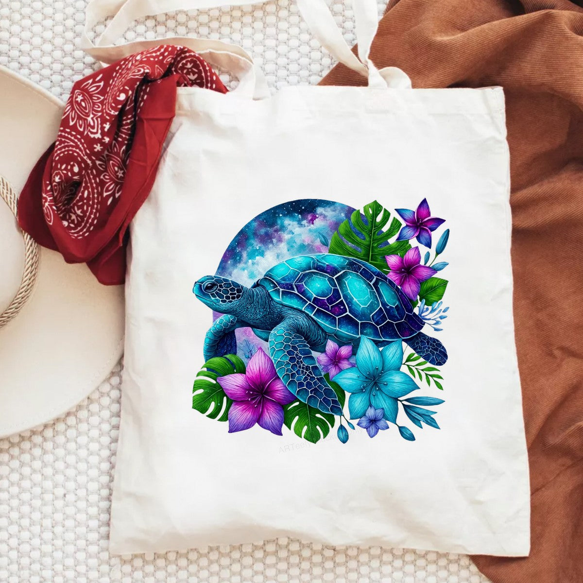 DTF Heat Transfer Galaxy Sea Turtle with Tropical Flowers Neon Art Graphic for T Shirts Hoodies and Tote Bags - 6