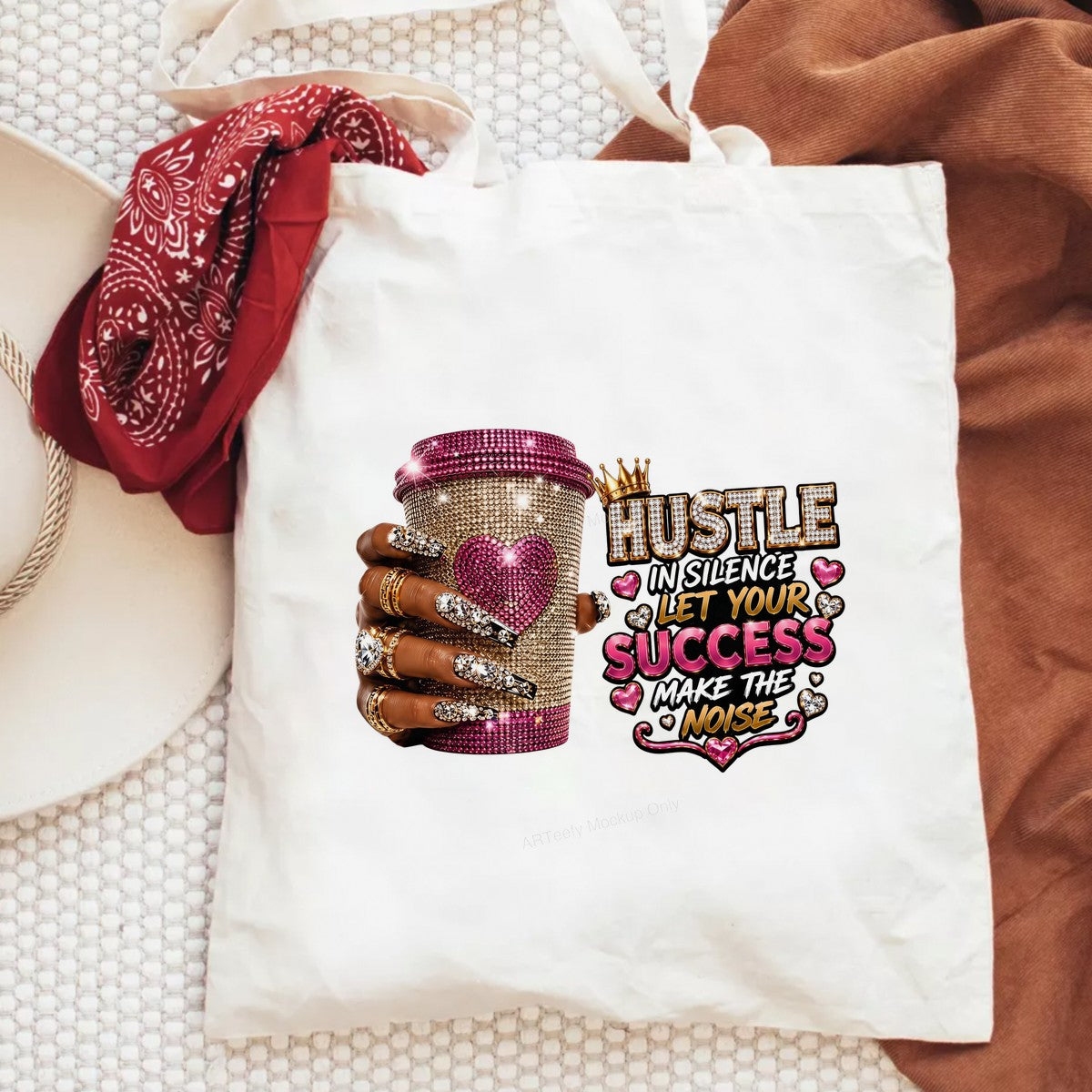 DTF Heat Transfer Hustle in Silence Let Your Success Make the Noise Bling Coffee Cup Graphic for T Shirts Hoodies and Tote Bags - 6