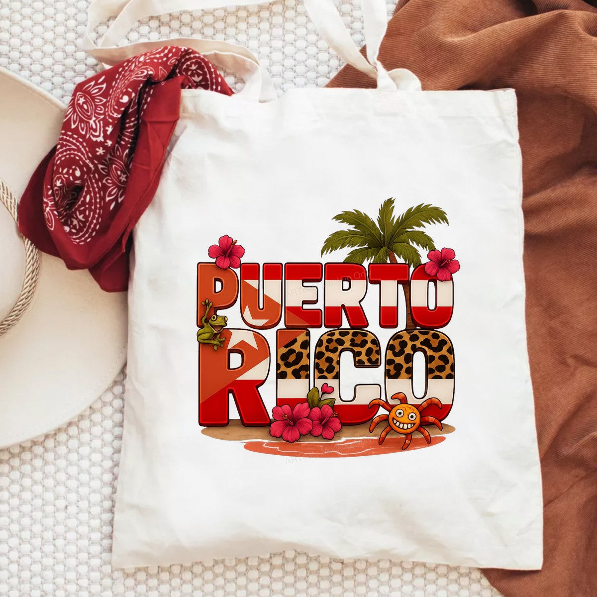DTF Heat Transfer Puerto Rico Flag Text with Leopard Print Palm Tree and Hibiscus Graphic for T Shirts Hoodies and Travel Apparel - 6