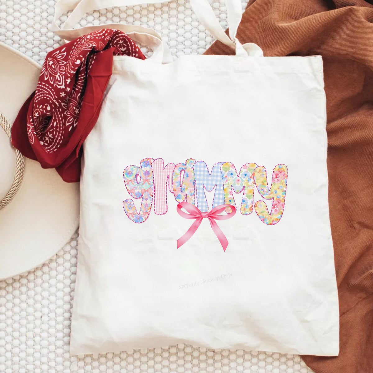DTF Transfer Grammy Floral Patchwork Lettering with Pink Bow Graphic for T Shirts Hoodies and Gifts - 6