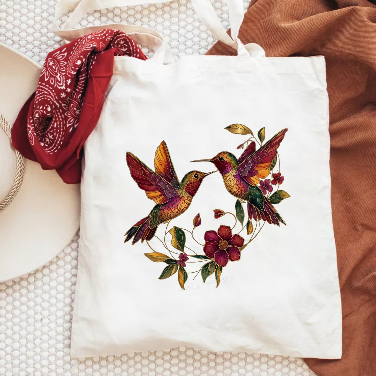 DTF Heat Transfer Two Hummingbirds with Floral Stained Glass Style Graphic for T Shirts Hoodies and Tote Bags - 6