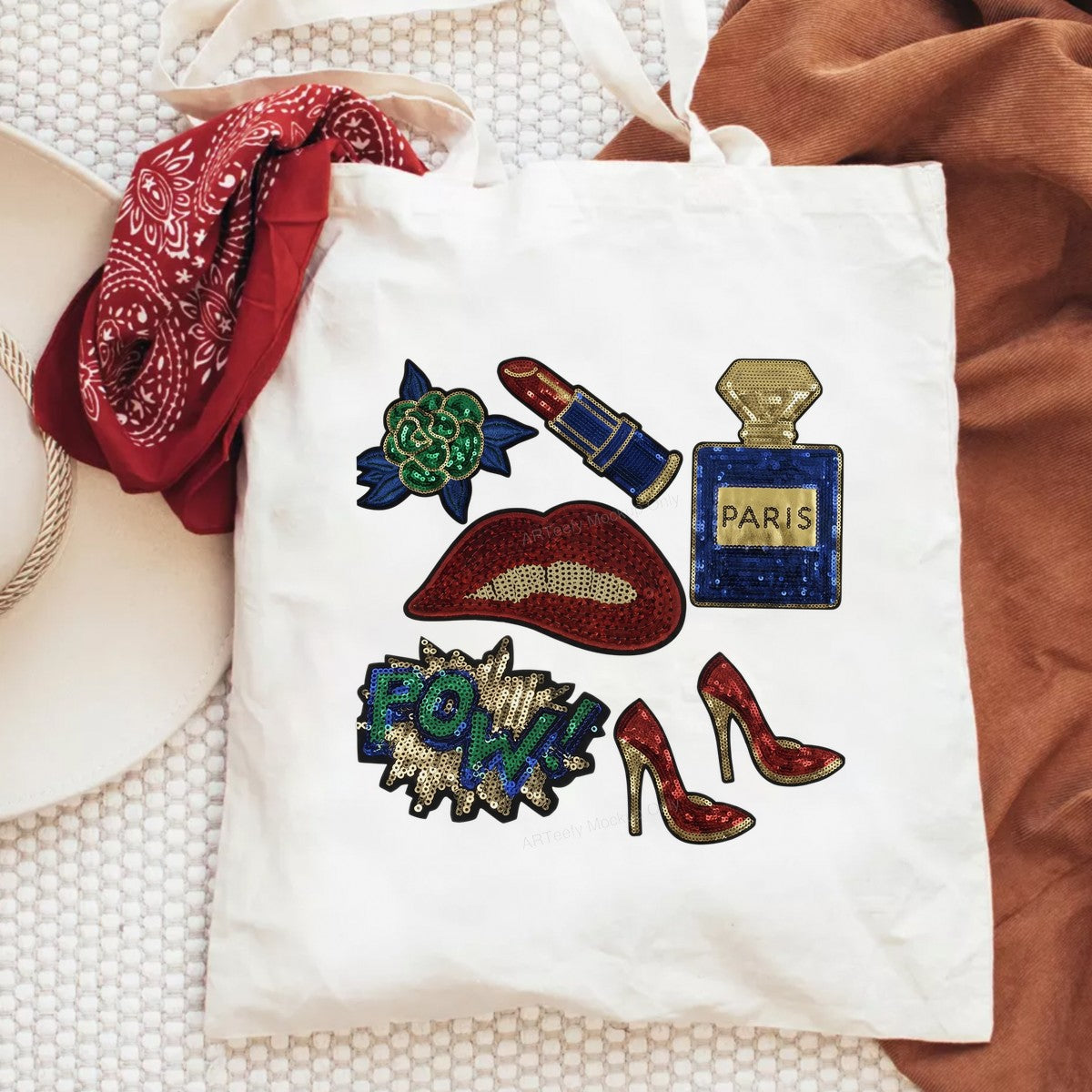 Heat Transfer Patch Set Sequin Lips Lipstick Perfume Heels Comic Pow Graphic for T Shirts Jackets and Tote Bags - 6
