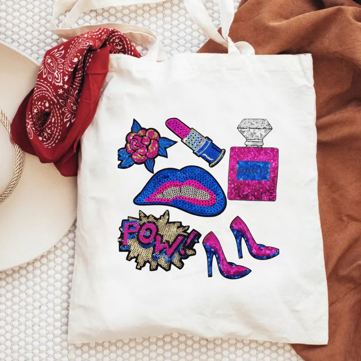 Iron On Transfer Sequin Lips Lipstick Perfume and Heels Pop Art Graphic for T Shirts Hoodies and Tote Bags - 6