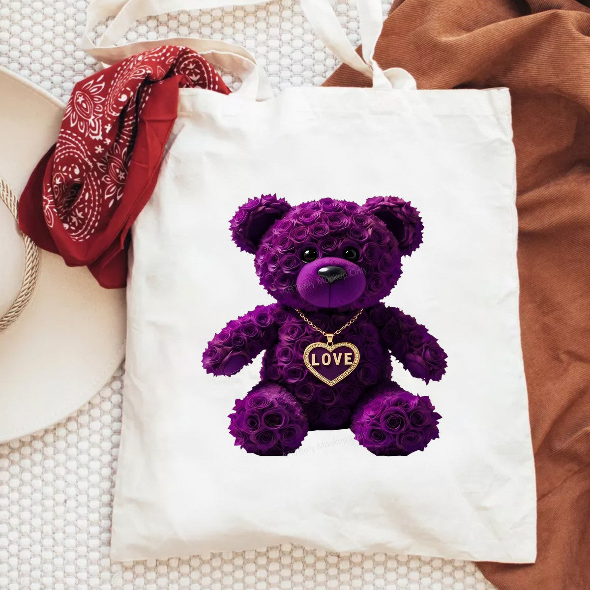 DTF Transfer Purple Rose Teddy Bear with Gold Love Heart Necklace Graphic for T Shirts Hoodies and Valentine Gifts - 6
