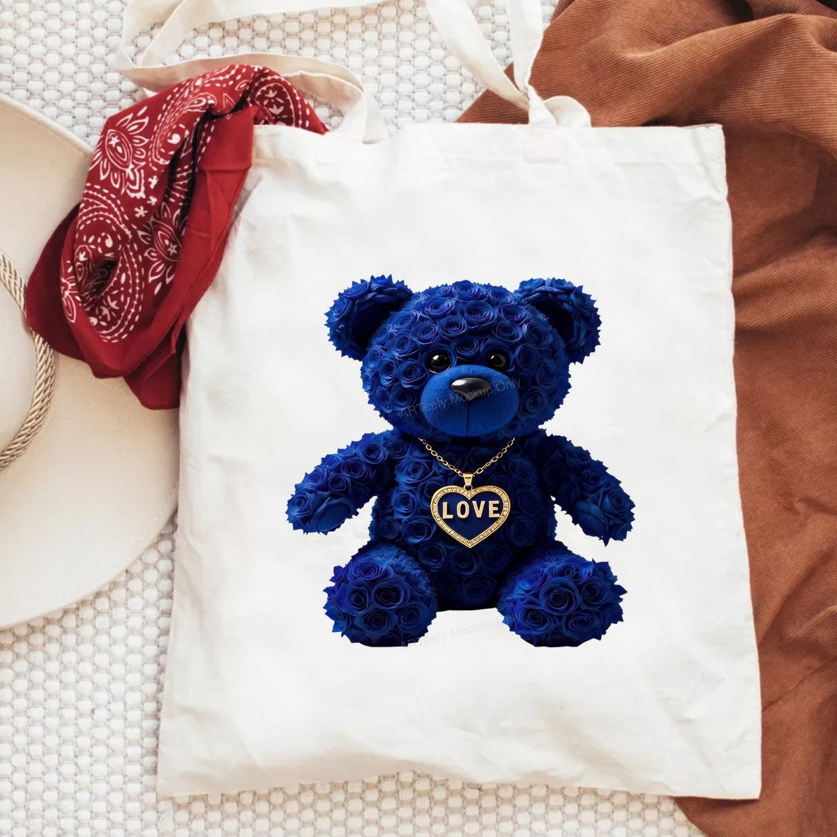 DTF Transfer Blue Rose Teddy Bear with Love Heart Necklace Graphic for T Shirts Hoodies and Valentine Gifts - 6