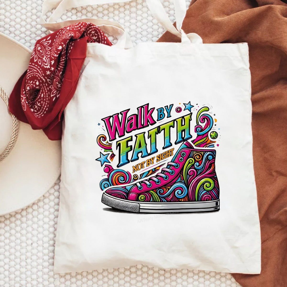 Christian Heat Transfer Walk By Faith Not By Sight Colorful Sneaker Graphic for T Shirts Hoodies and Tote Bags - 6