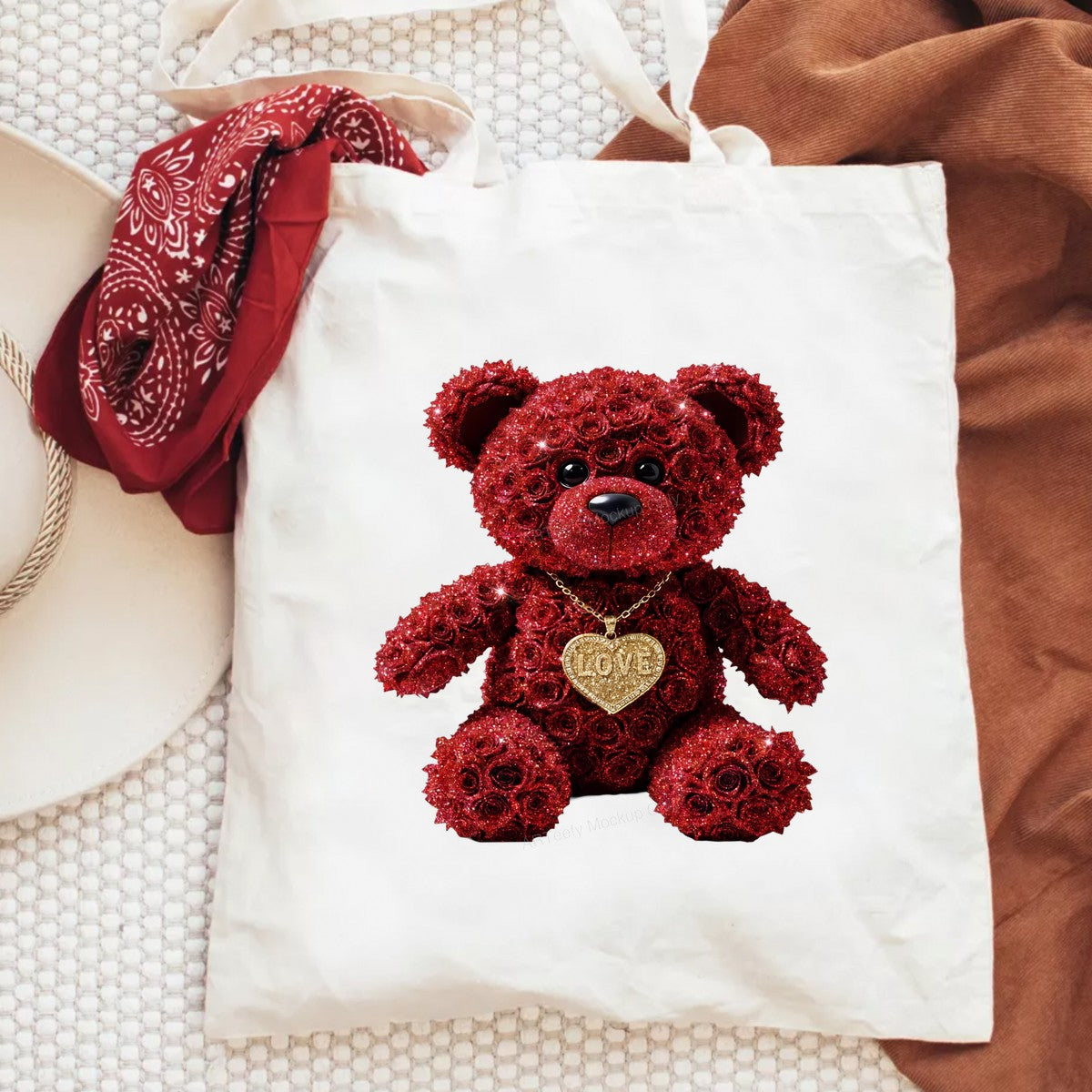 DTF Transfer Red Rose Teddy Bear with Gold Love Heart Necklace Graphic for Valentine Shirts and Romantic Gifts - 6