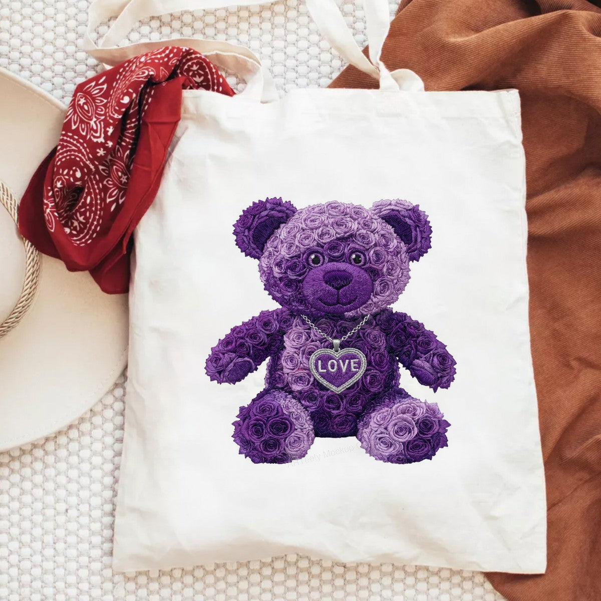 DTF Transfer Purple Rose Teddy Bear with Love Heart Pendant Graphic for T Shirts Hoodies and Valentine Gifts - 6