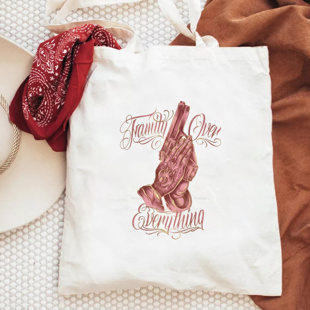 DTF Heat Transfer Family Over Everything Praying Hands with Gun Tattoo Art for T Shirts Hoodies and Streetwear Apparel - 6