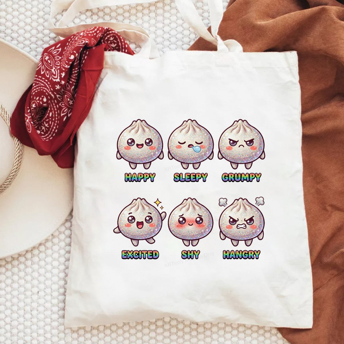 Funny Graphic Transfer Glitter Dumpling Emotions Happy Sleepy Grumpy Design for T Shirts Hoodies and Tote Bags - 6