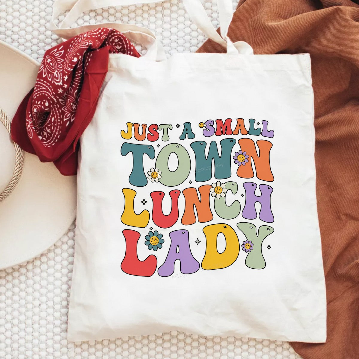 DTF Transfer Just a Small Town Lunch Lady Retro Groovy Smiley Flower Graphic for T Shirts Hoodies and Tote Bags - 6
