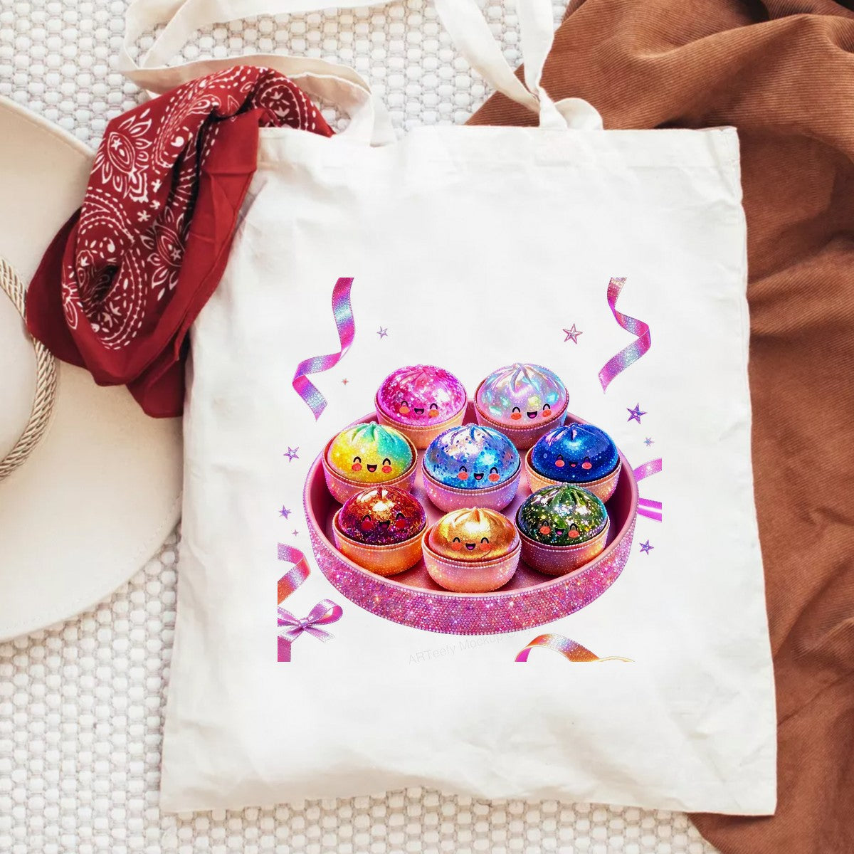DTF Transfer Kawaii Rainbow Dumpling Characters Glitter Tray Graphic for T Shirts Hoodies and Tote Bags - 6