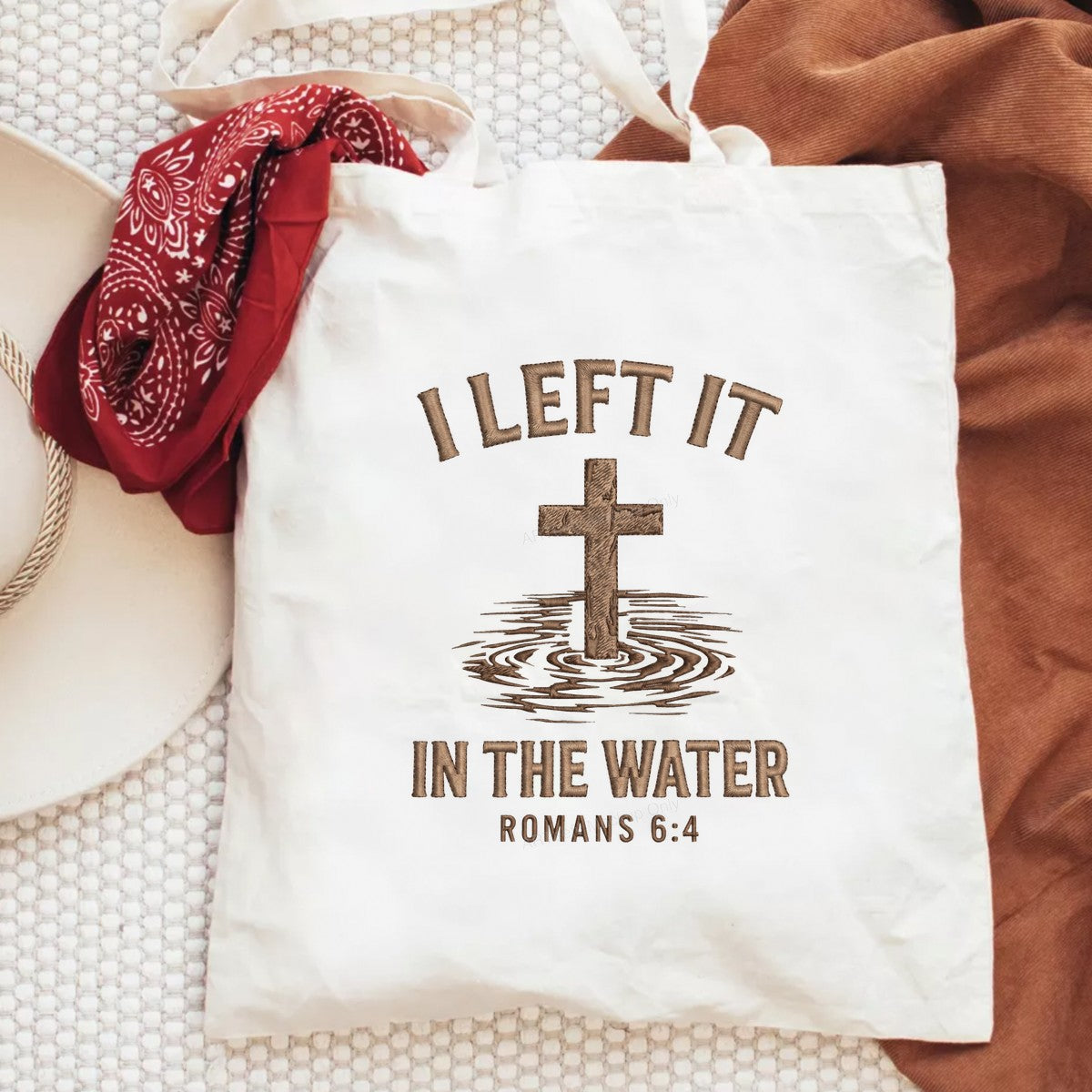 Christian Heat Transfer I Left It In The Water Cross with Ripples Embroidered Look for T Shirts Hoodies and Christian Apparel - 6