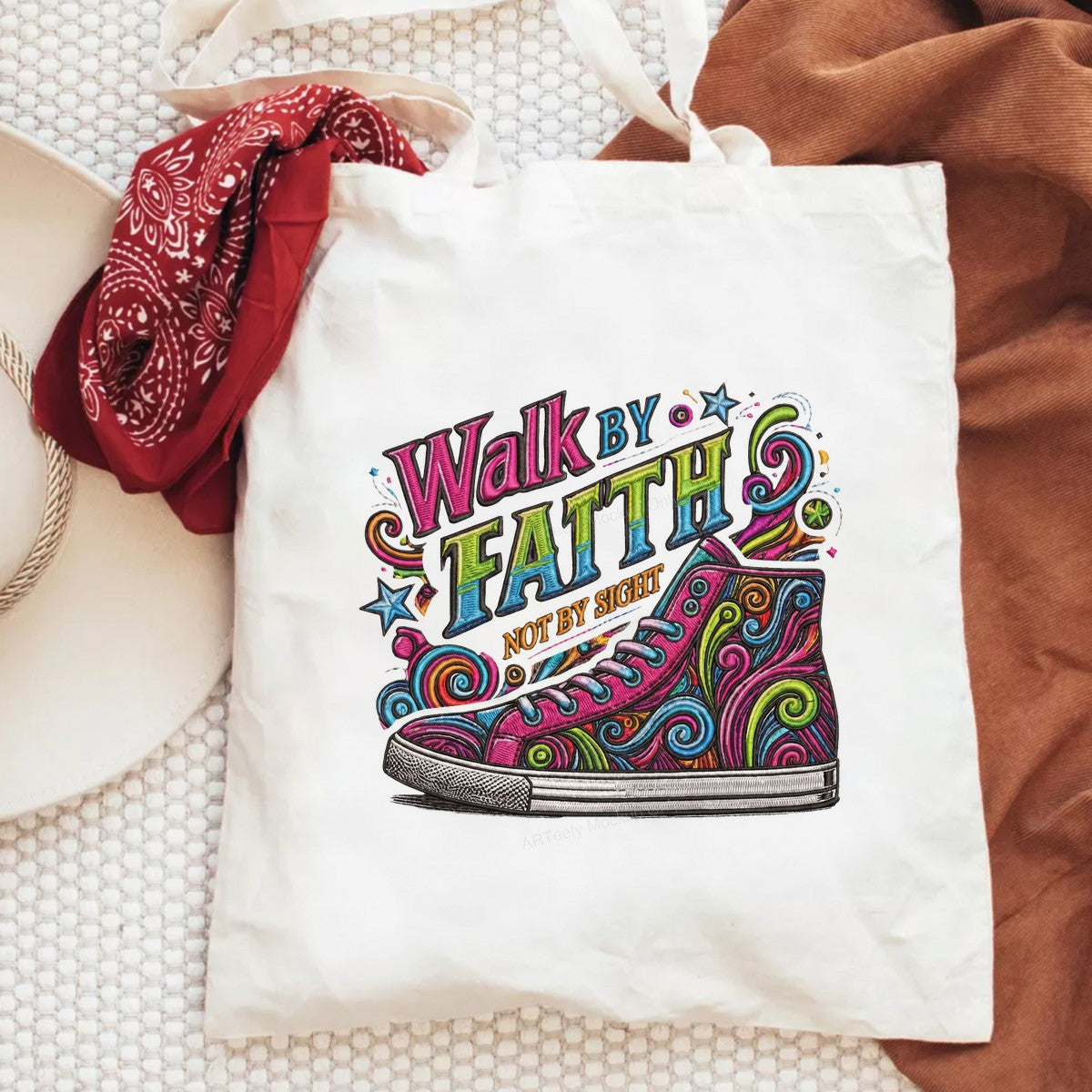 Christian Heat Transfer Walk By Faith Not By Sight Colorful Sneaker Graphic for T Shirts Hoodies and Tote Bags - 6