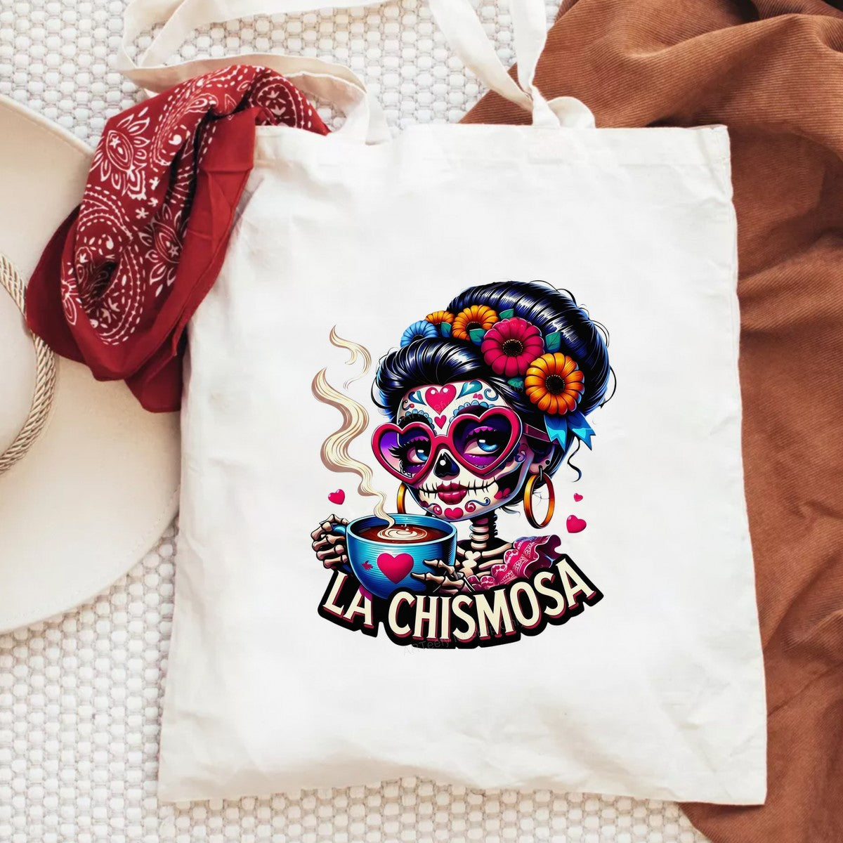 DTF Heat Transfer La Chismosa Skeleton Latina with Coffee Colorful Floral Graphic for T Shirts Hoodies and Tote Bags - 6