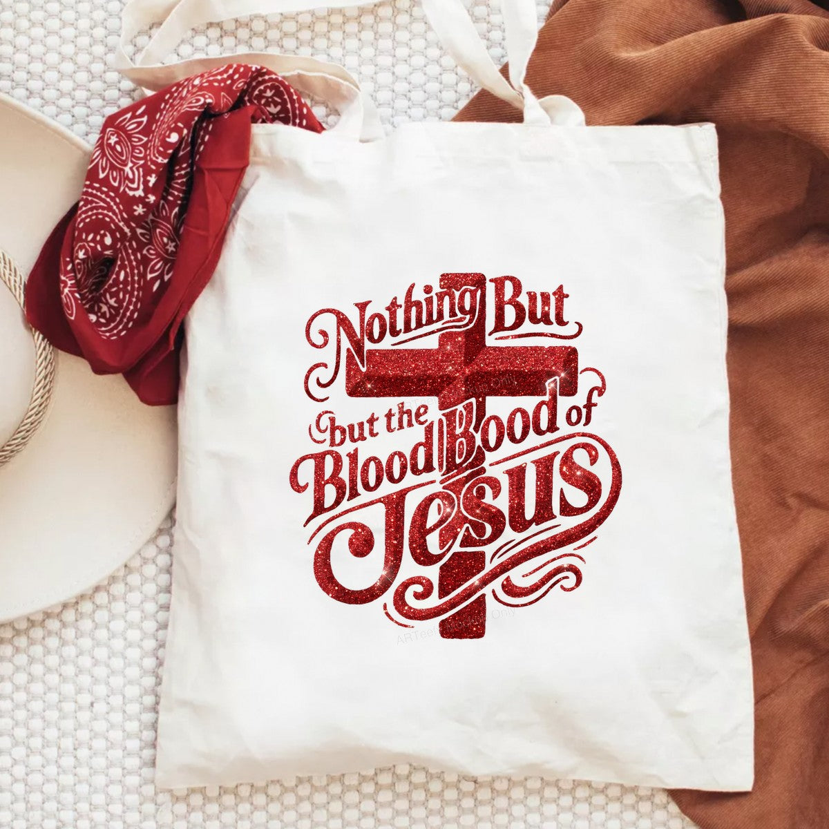 Christian Heat Transfer Nothing But the Blood of Jesus Red Glitter Cross Graphic for T Shirts Hoodies and Christian Apparel - 6