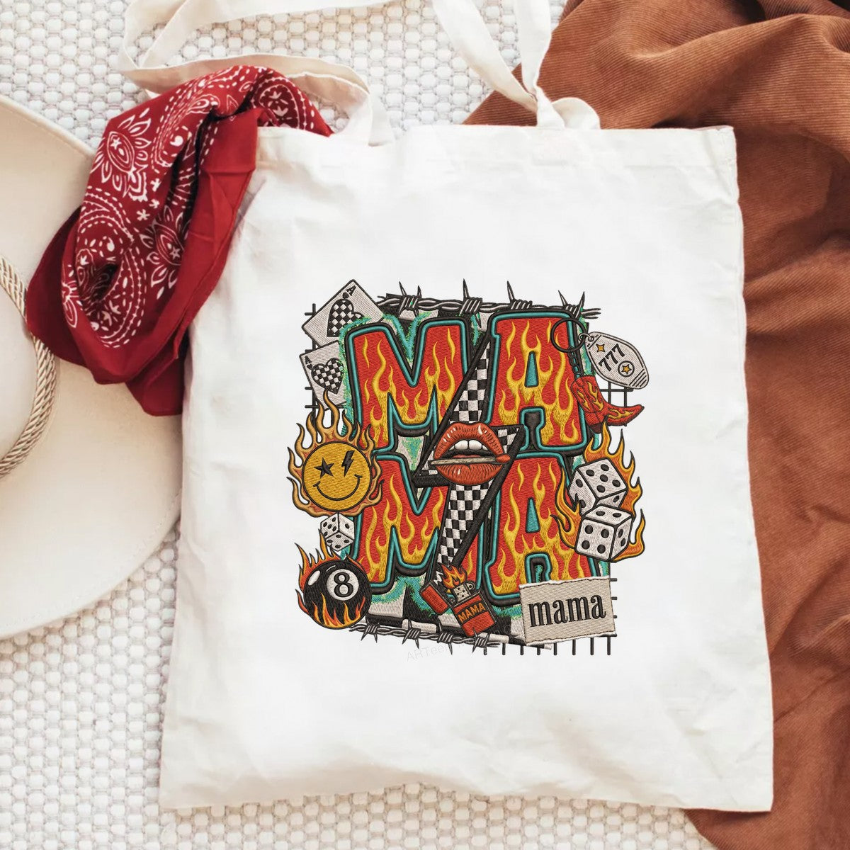 DTF Transfer Rock n Roll Mama Flaming Letters and Checkerboard Lips Graphic for T Shirts Hoodies and Tote Bags - 6
