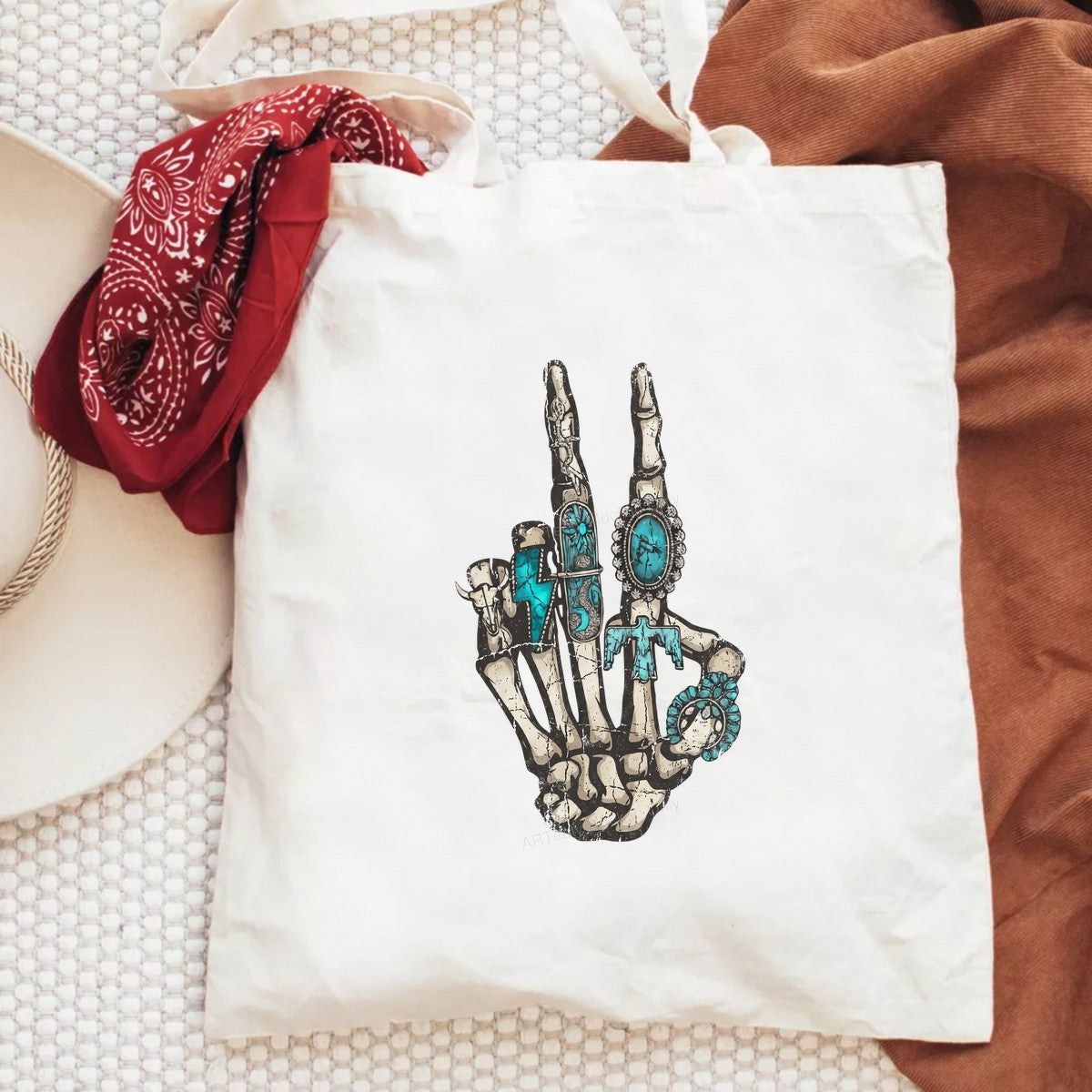 Western Heat Transfer Skeleton Peace Hand with Turquoise Rings Graphic for T Shirts Hoodies and Tote Bags - 6