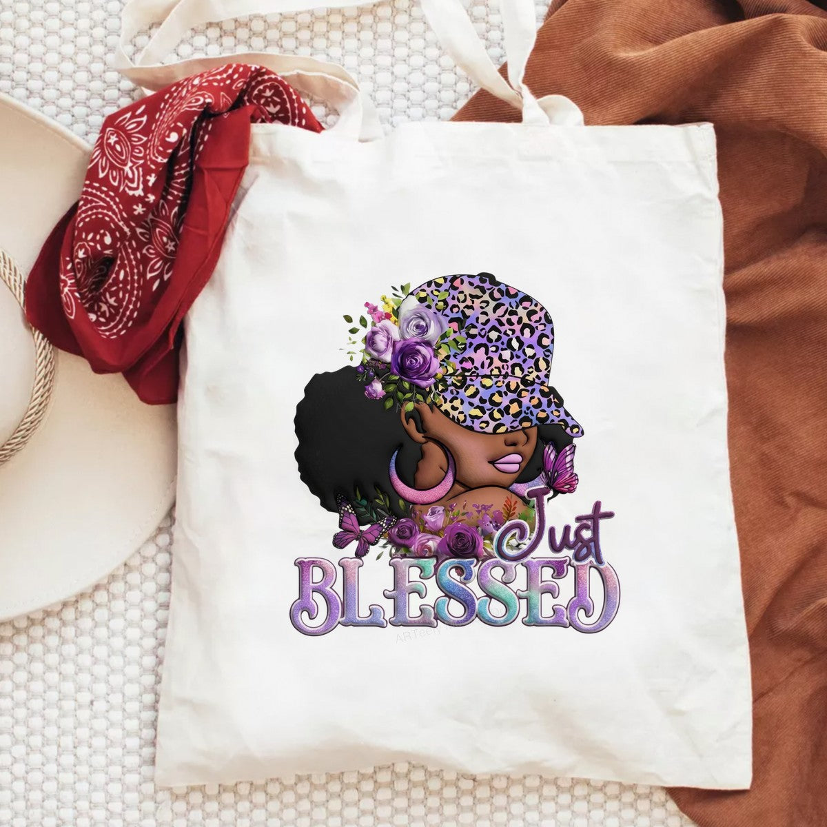 DTF Heat Transfer Just Blessed Afro Woman with Floral Leopard Hat and Butterflies Graphic for T Shirts Hoodies and Tote Bags - 6