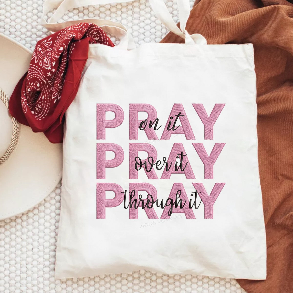 Christian Heat Transfer Pray On It Over It Through It Pink Embroidered Letter Graphic for T Shirts Hoodies and Tote Bags - 6