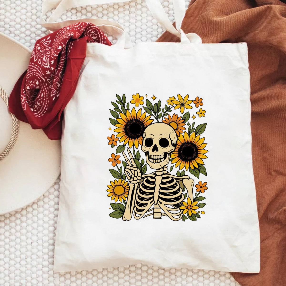 DTF Heat Transfer Peace Sign Skeleton with Sunflowers Retro Floral Graphic for T Shirts Hoodies and Tote Bags - 6
