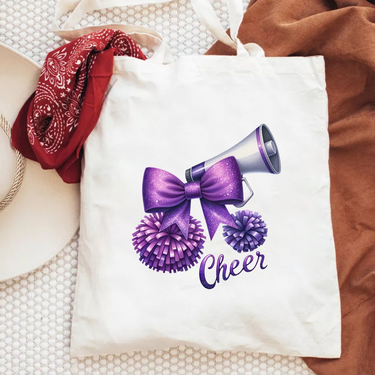 DTF Heat Transfer Cheer Megaphone with Purple Glitter Bow and Pom Poms Graphic for T Shirts Hoodies and Cheerleading Apparel - 6