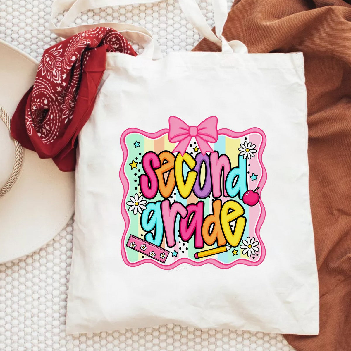 DTF Heat Transfer Second Grade Pastel Rainbow Bow and School Icons Graphic for T Shirts Hoodies and Back to School Gifts - 6