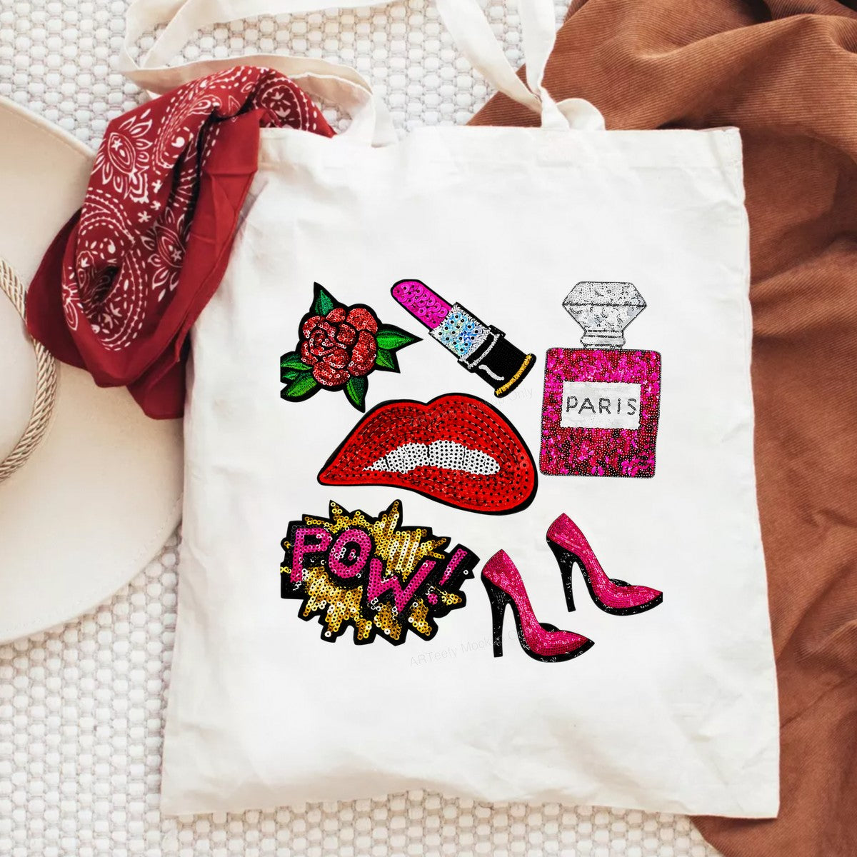 Heat Transfer Patch Glam Lips Lipstick Perfume and Heels Sequin Graphic for T Shirts Jackets and Tote Bags - 6
