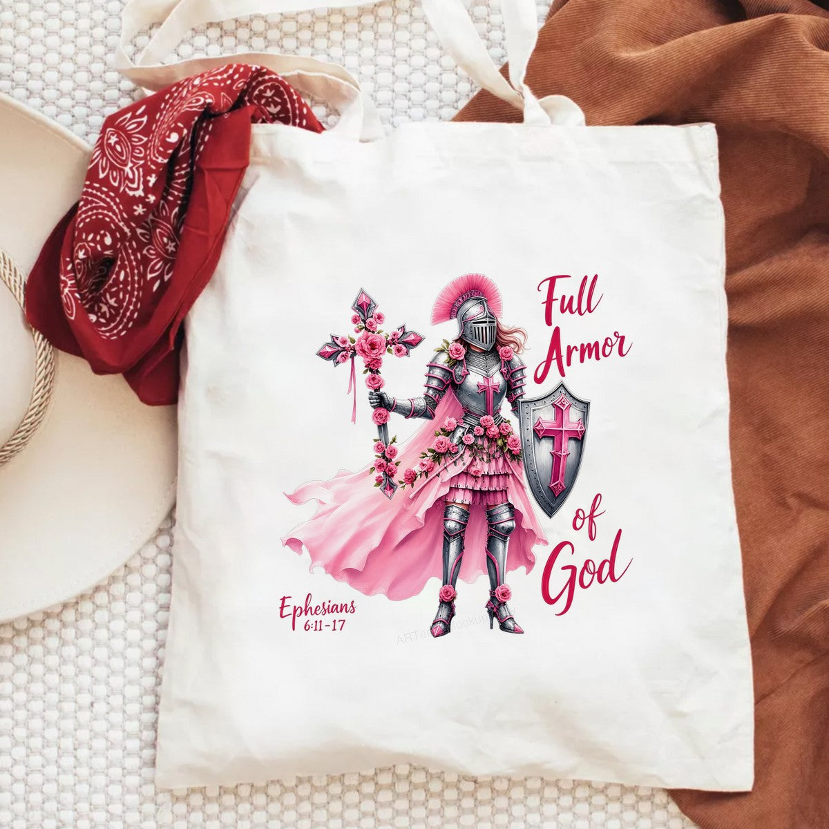 Christian Heat Transfer Full Armor of God Pink Warrior with Cross and Roses Graphic for T Shirts Hoodies and Christian Apparel - 6