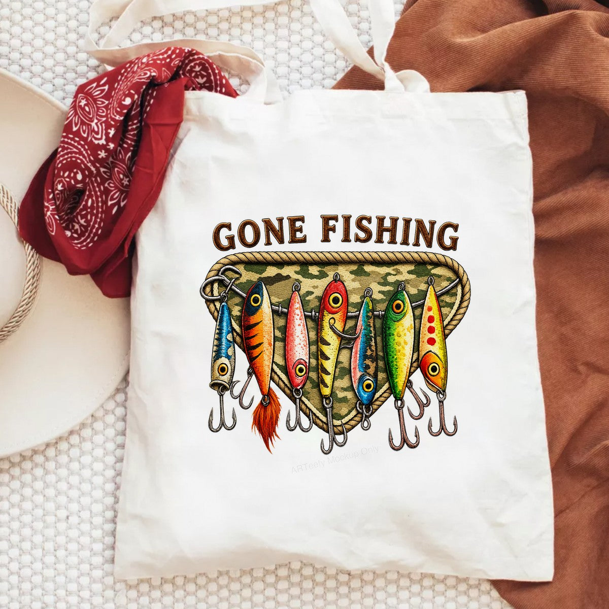 DTF Transfer Gone Fishing Lures Camouflage Triangle Graphic for T Shirts Hoodies and Fishing Gifts - 6