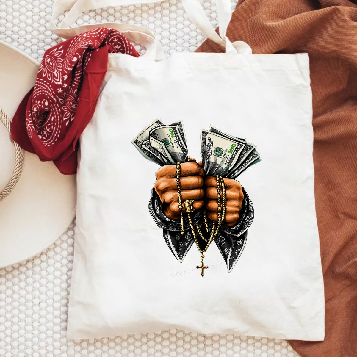 DTF Heat Transfer Praying Hands with Cash and Gold Cross Bandana Art Graphic for T Shirts Hoodies and Streetwear Apparel - 6