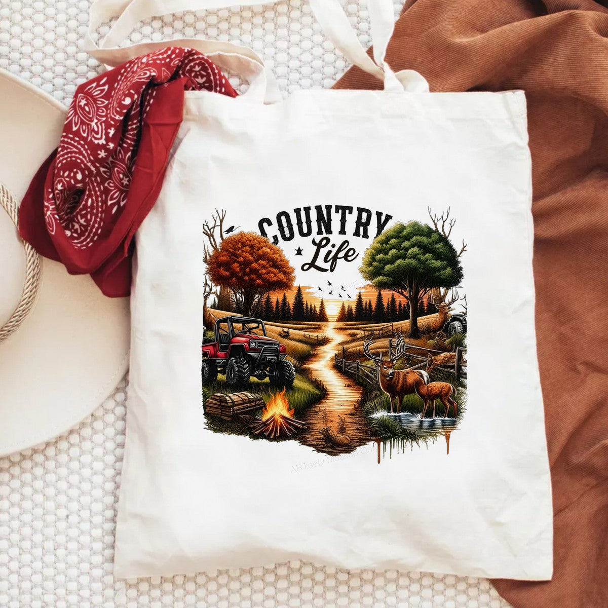 Western Heat Transfer Country Life Deer and ATV Sunset Landscape Graphic for T Shirts Hoodies and Tote Bags - 6