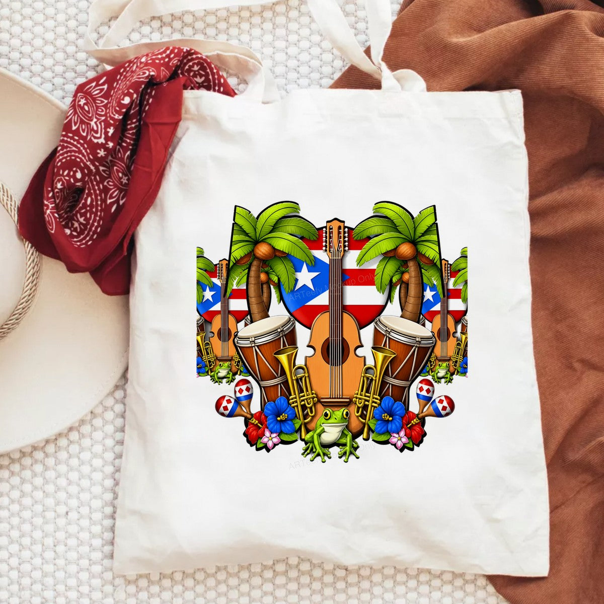 DTF Heat Transfer Puerto Rico Flag Guitar and Drum Tropical Frog Graphic for T Shirts Hoodies and Tote Bags - 6