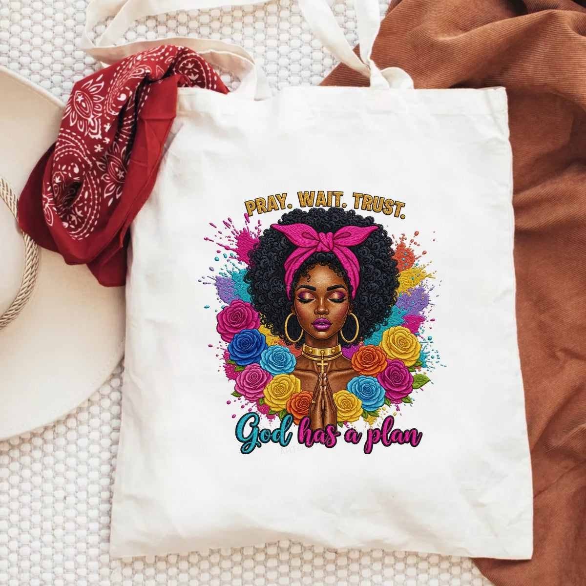 Christian Heat Transfer Pray Wait Trust God Has a Plan Afro Woman with Colorful Roses for T Shirts Hoodies and Tote Bags - 6