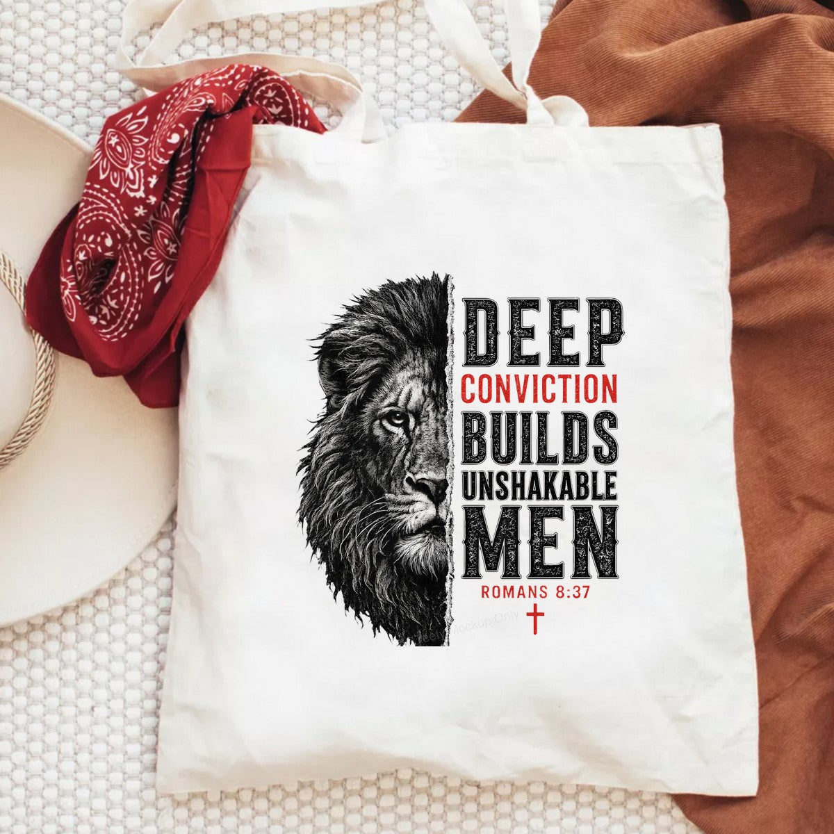 Christian Heat Transfer Deep Conviction Builds Unshakable Men Lion Graphic Romans 8:37 for T Shirts Hoodies and Christian Apparel - 6
