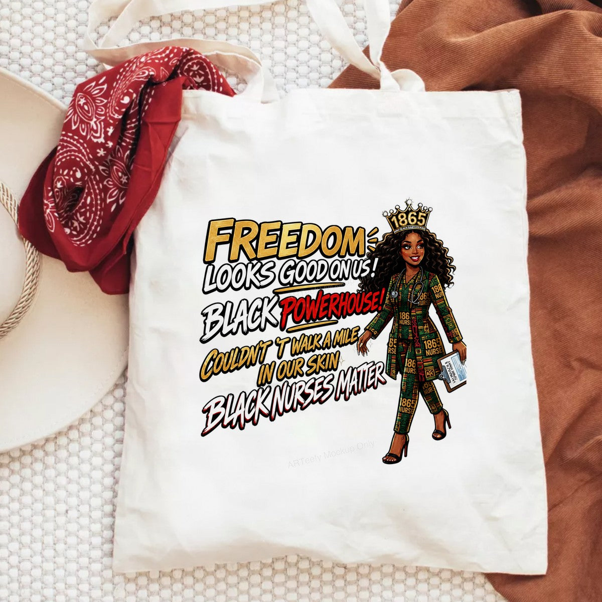 DTF Heat Transfer Freedom Looks Good On Us Black Nurse Powerhouse Graphic for T Shirts Hoodies and Tote Bags - 6
