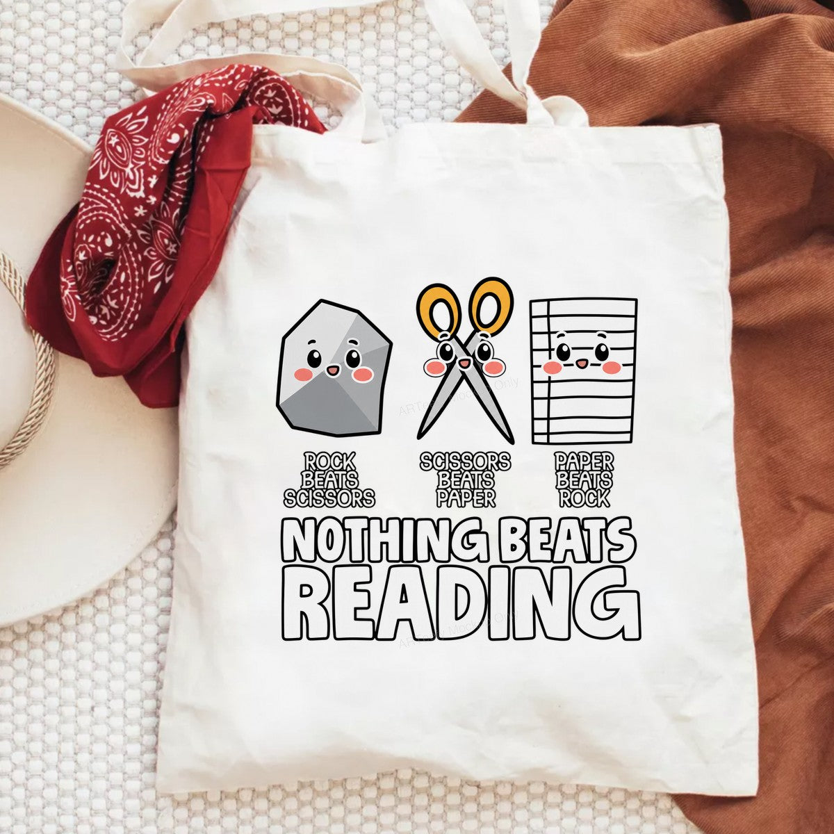 Funny Graphic Transfer Nothing Beats Reading Rock Paper Scissors Cartoon Design for Teacher Shirts and Book Lover Apparel - 6
