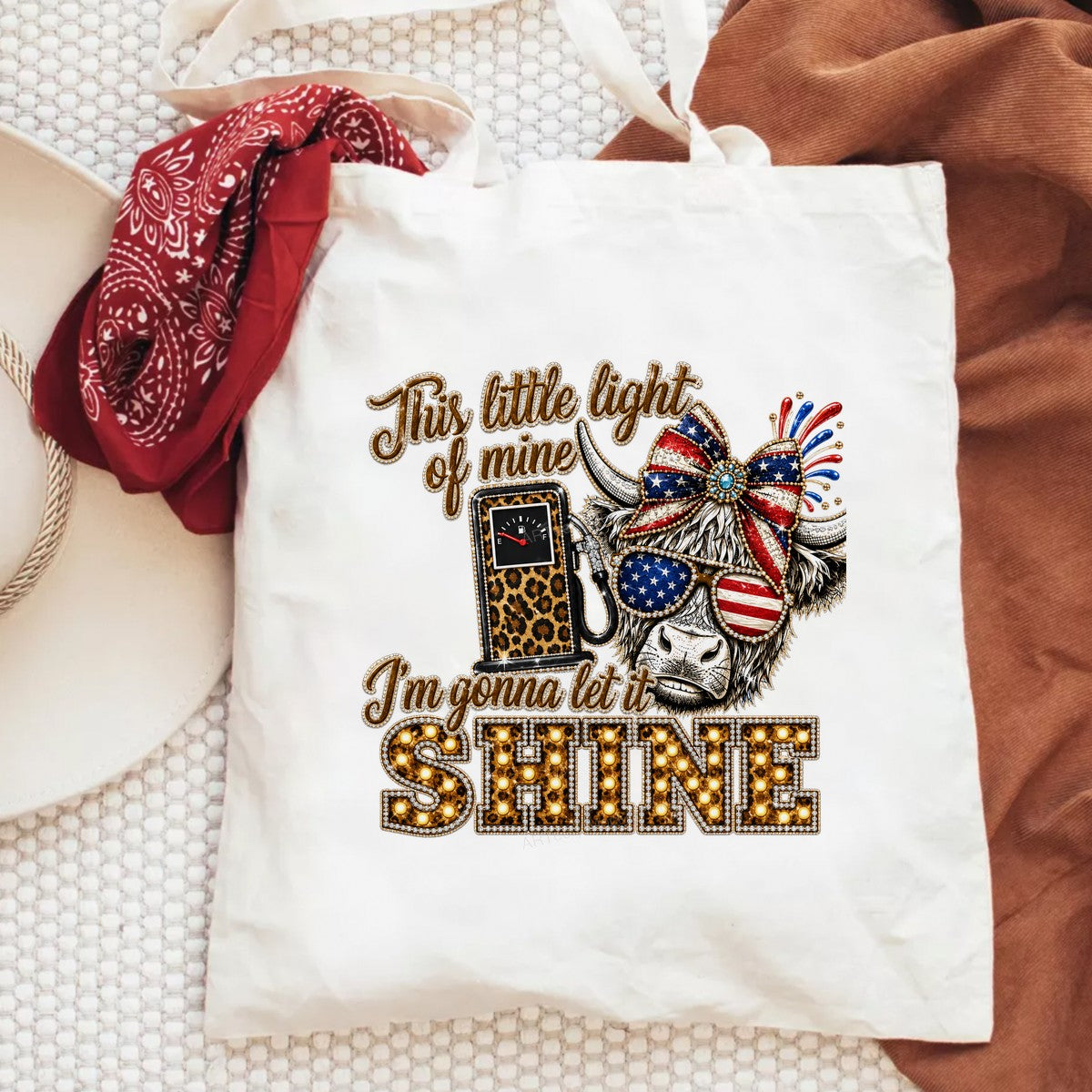 DTF Heat Transfer This Little Light of Mine Patriotic Cow and Leopard Gas Pump Glitter Graphic for T Shirts Hoodies and Holiday Shirts - 6