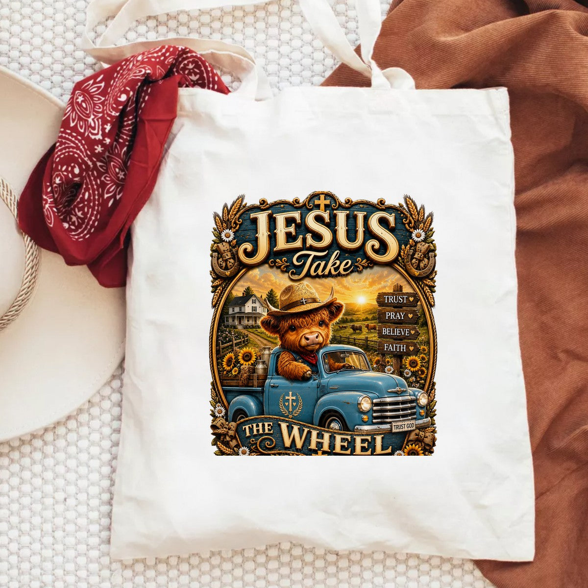 Christian Heat Transfer “Jesus Take The Wheel” Cowboy Highland Cow Truck Graphic for T Shirts Hoodies and Christian Apparel - 6