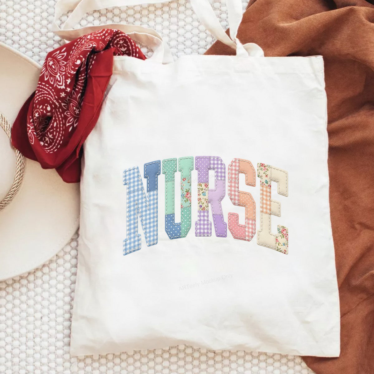 DTF Heat Transfer Patchwork NURSE Quilted Gingham Floral Letters Graphic for T Shirts Hoodies and Tote Bags - 6
