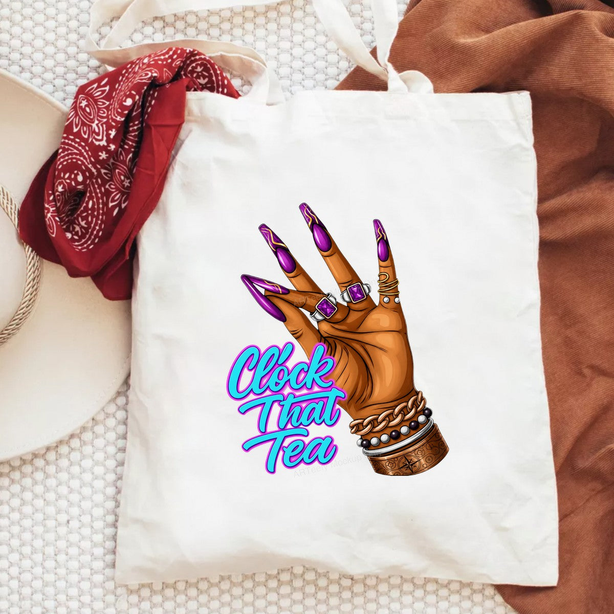 Funny Graphic Transfer “Clock That Tea” Hand with Long Purple Nails Design for T Shirts Hoodies and Tote Bags - 6