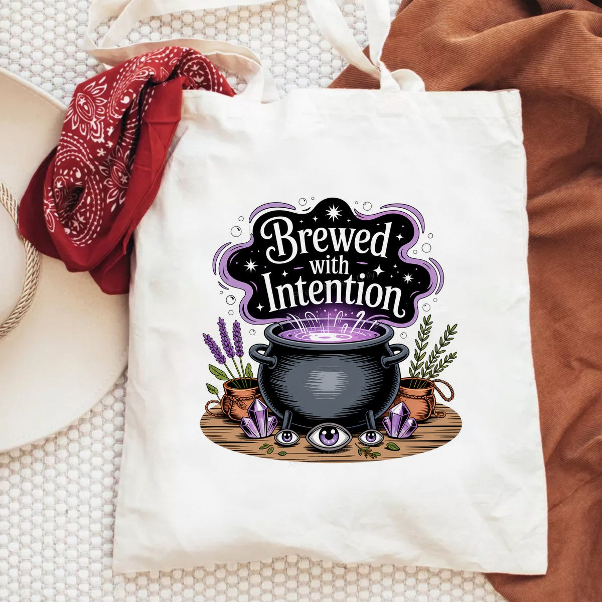DTF Heat Transfer Brewed With Intention Witchy Cauldron and Crystals Graphic for T Shirts Hoodies and Tote Bags - 6