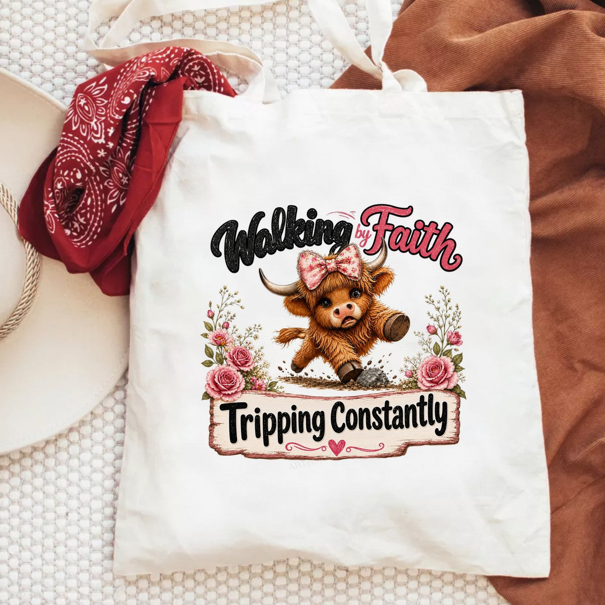 Christian Heat Transfer Walking By Faith Tripping Constantly Floral Cow Graphic for T Shirts Hoodies and Tote Bags - 6