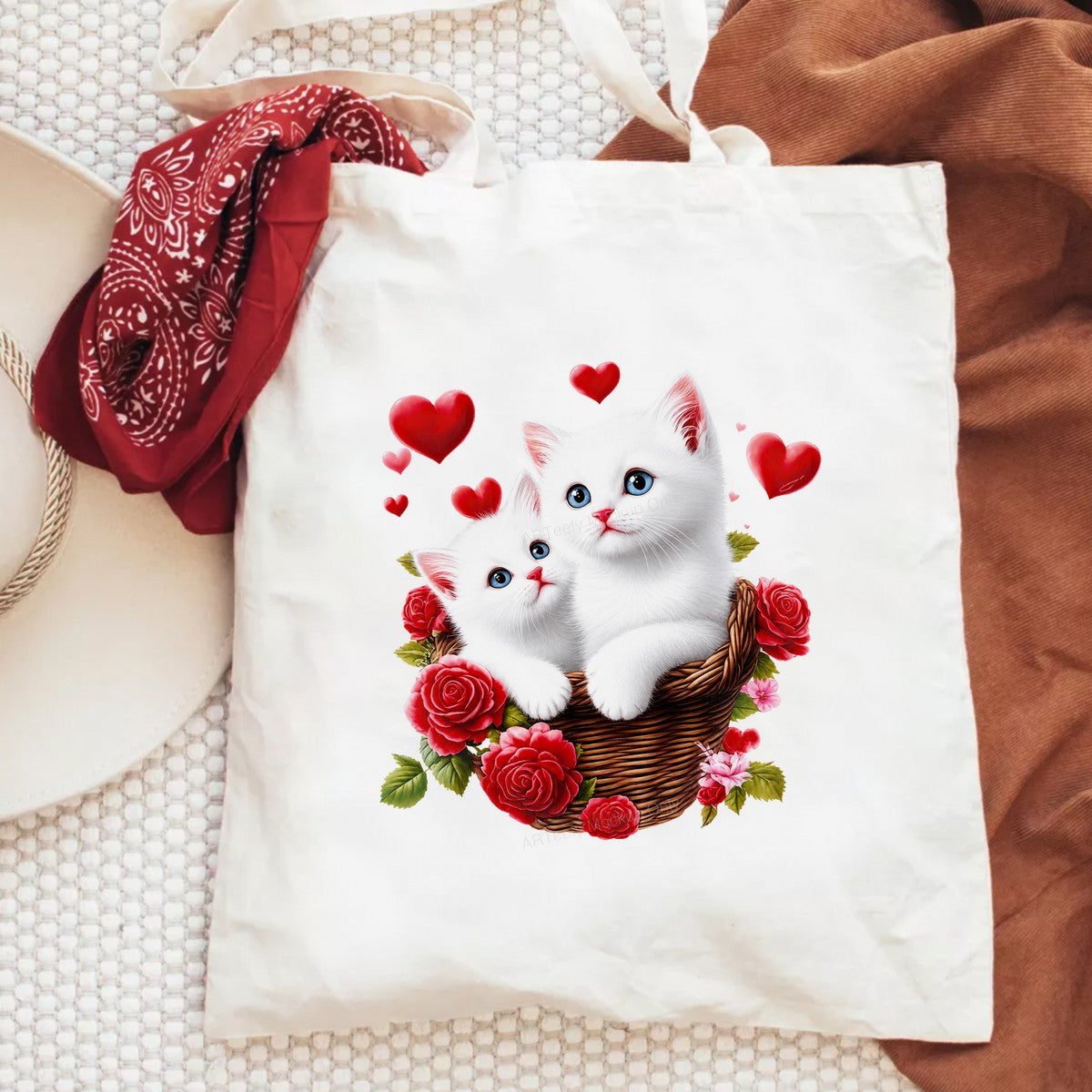 DTF Heat Transfer White Kittens in Basket with Red Roses and Hearts Graphic for T Shirts Hoodies and Gifts - 6