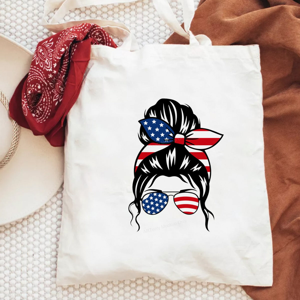 DTF Heat Transfer Patriotic Messy Bun American Flag Bandana and Sunglasses Graphic for T Shirts Hoodies and Tote Bags - 6