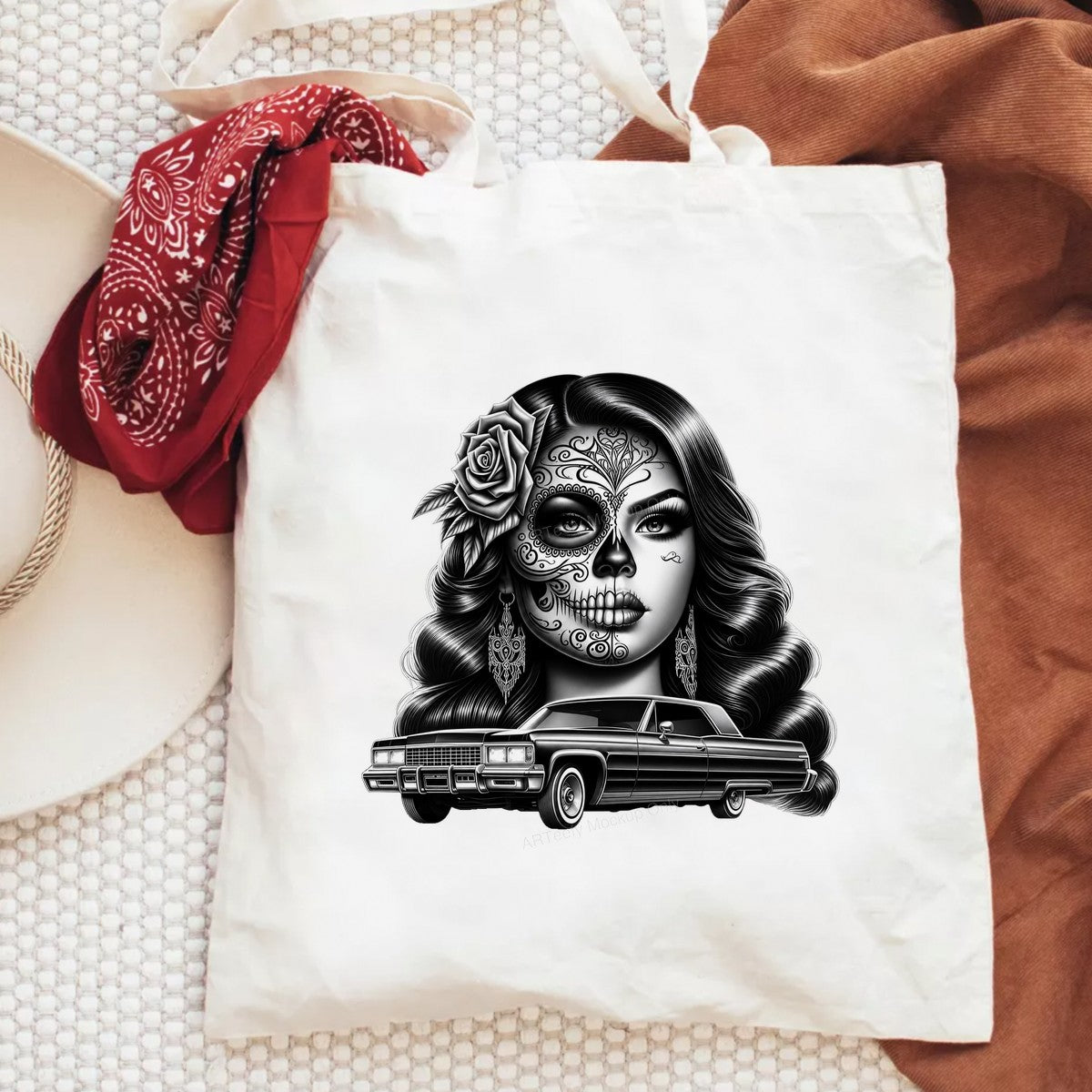 DTF Heat Transfer Lowrider Car with Latina Pinup Rose Art Black and White Graphic for T Shirts Hoodies and Streetwear Apparel - 6