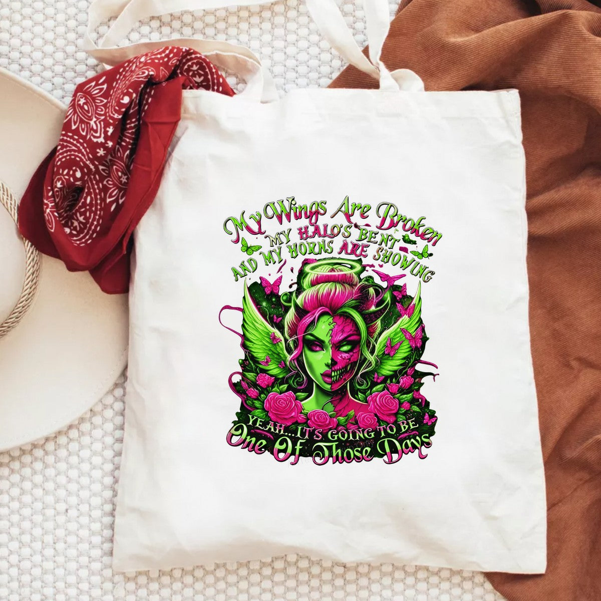 DTF Transfer My Wings Are Broken Quote Neon Angel Horns and Halo Graphic for T Shirts Hoodies and Casual Wear - 6