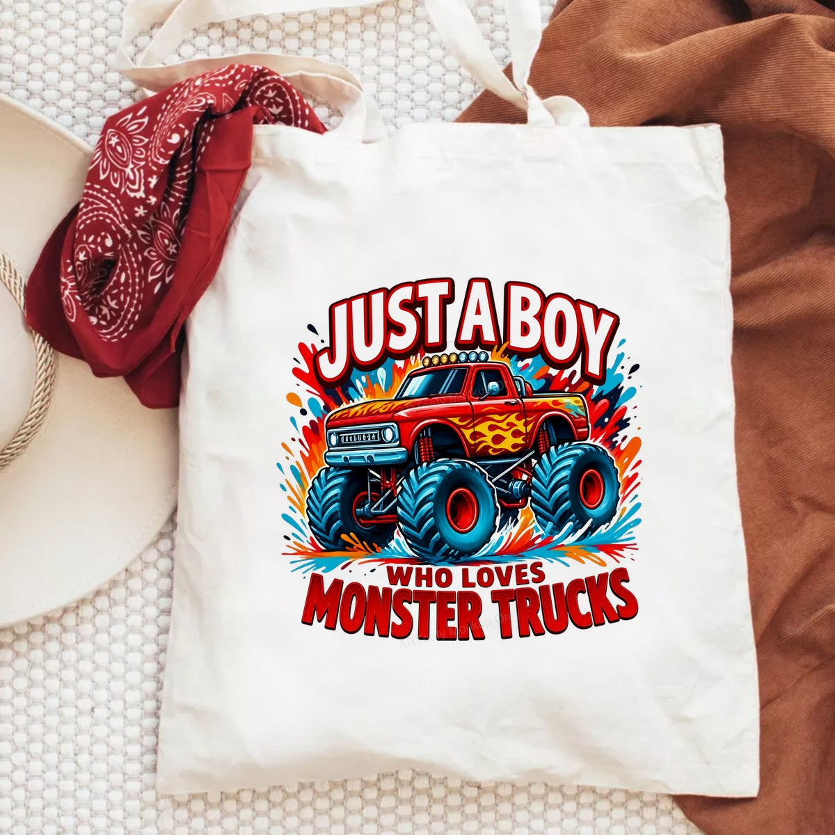 DTF Transfer Just a Boy Who Loves Monster Trucks Flame Red Truck Graphic for T Shirts Hoodies and Gifts - 6